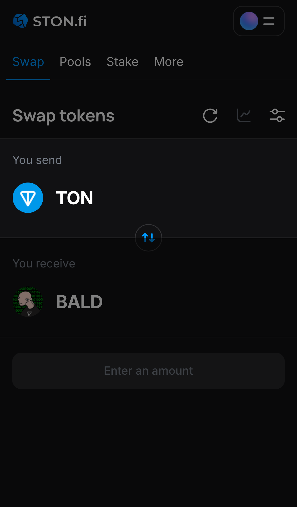 Elige un token en la casilla ‘You send’ — por ejemplo, TON.