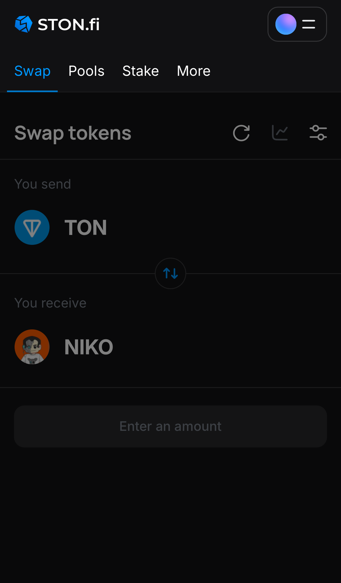 Open the STON.fi app and navigate to the ‘Swap‘ tab.