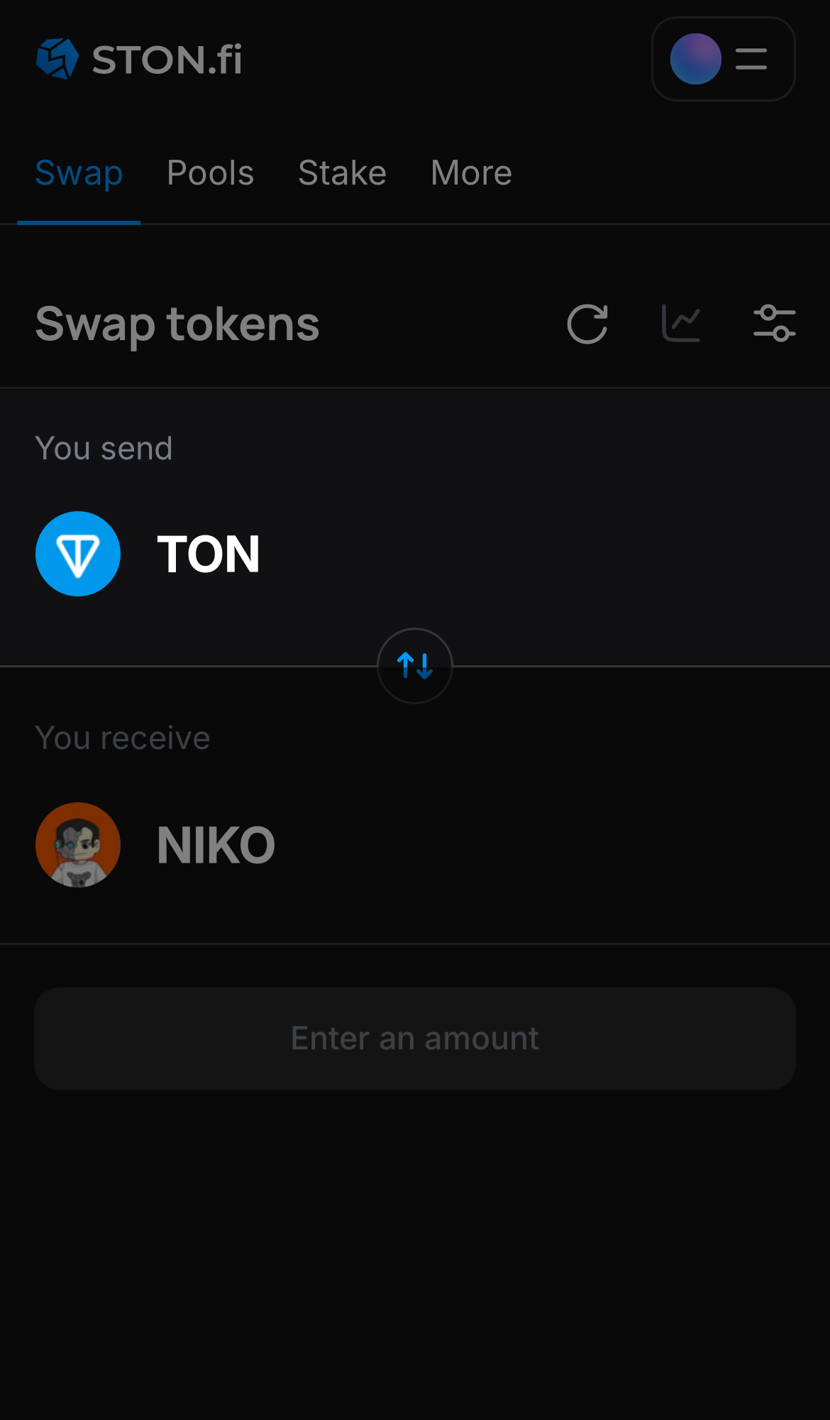 Choose a token in the ‘You send’ box — for example, TON.