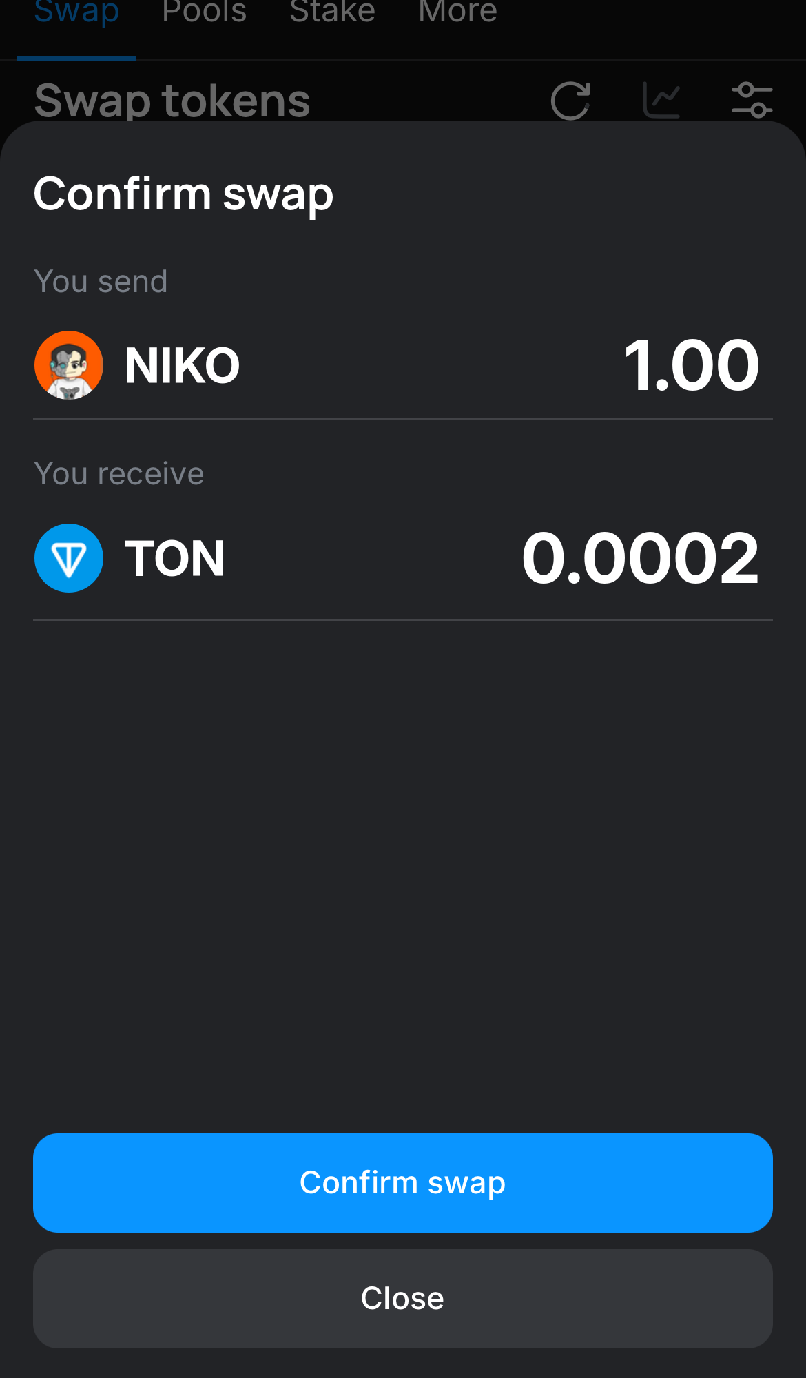 Click ‘Swap‘, double-check the details, and confirm the transaction by clicking the ‘Confirm swap‘ button.
