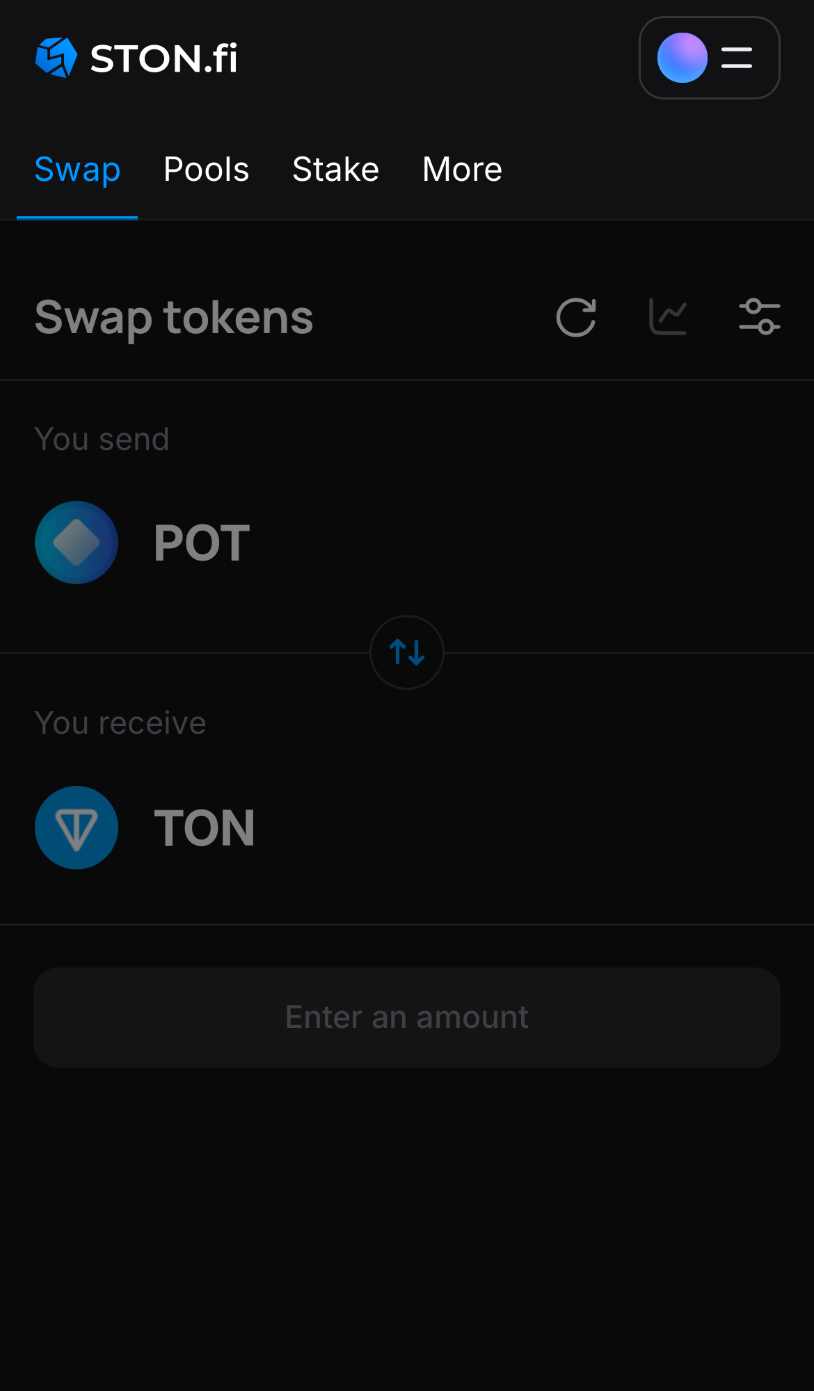 Open the STON.fi app and navigate to the ‘Swap‘ tab.