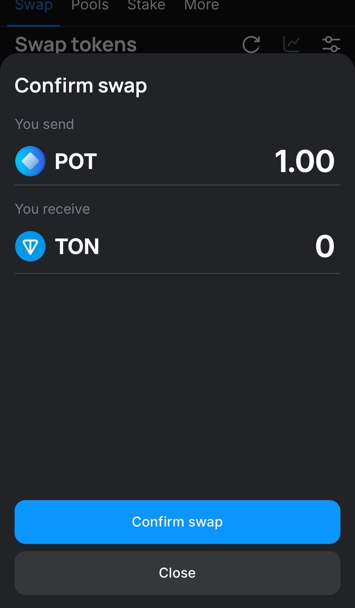 Click ‘Swap‘, double-check the details, and confirm the transaction by clicking the ‘Confirm swap‘ button.