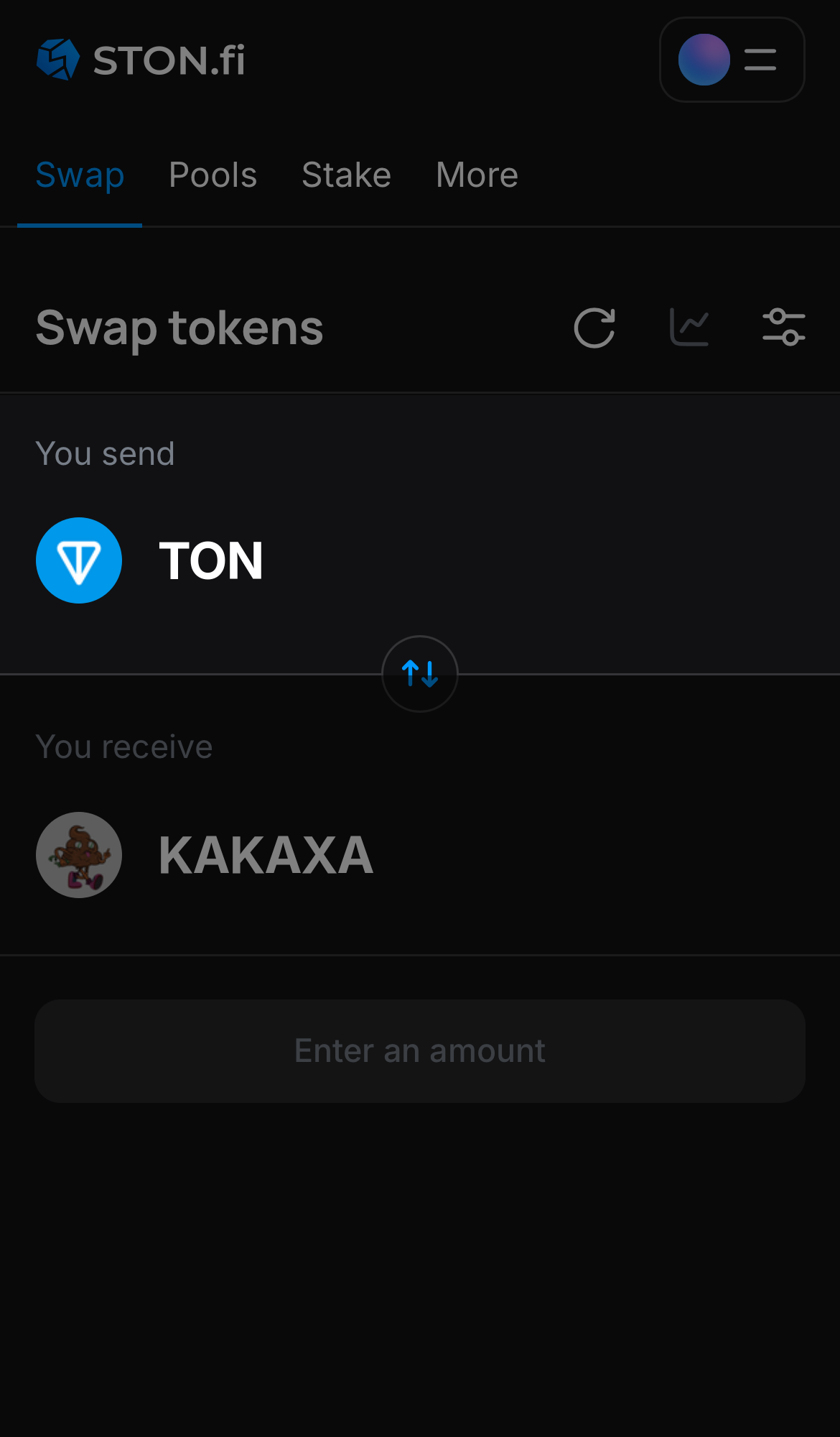 اختر رمزًا في مربع "You send" — على سبيل المثال، TON.
