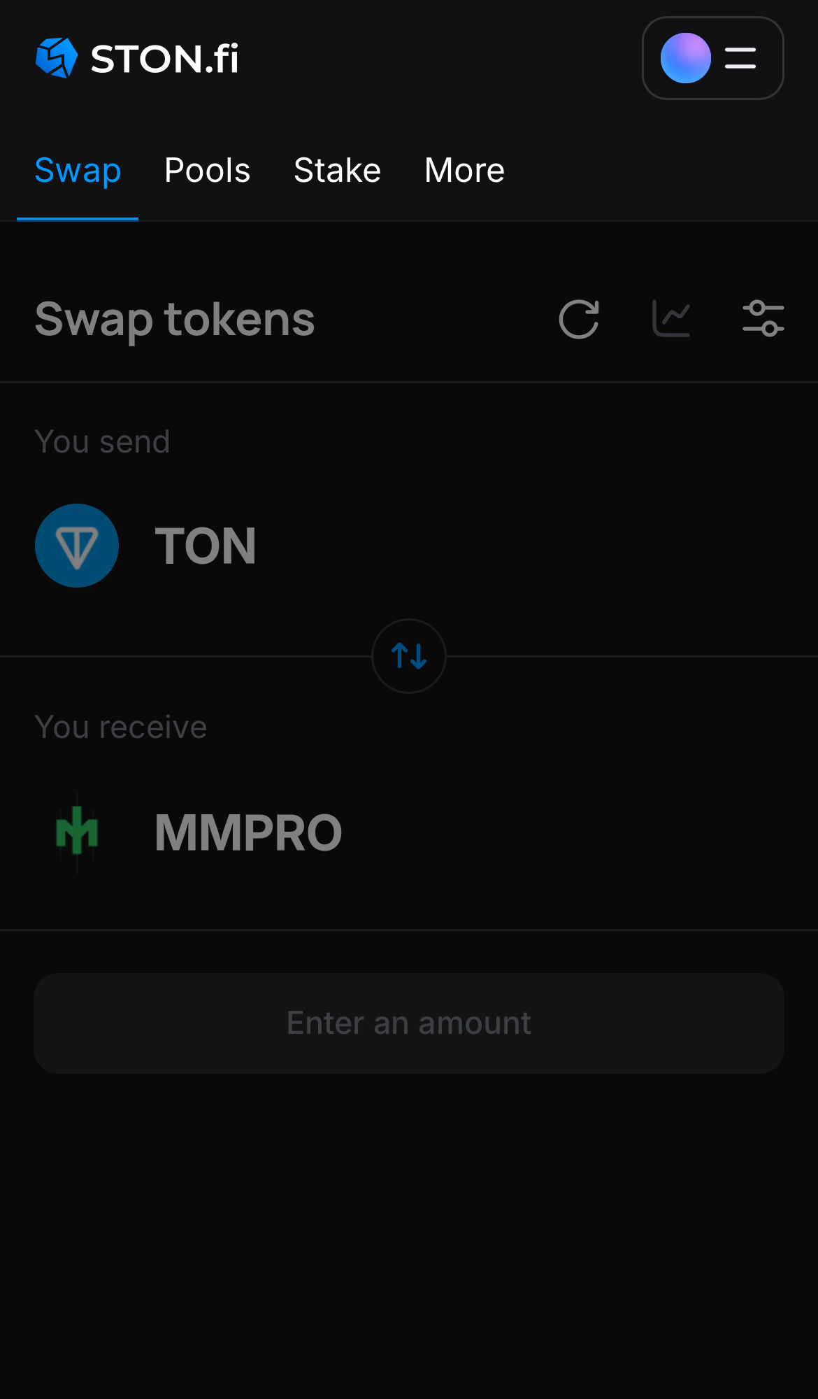 Open the STON.fi app and navigate to the ‘Swap‘ tab.