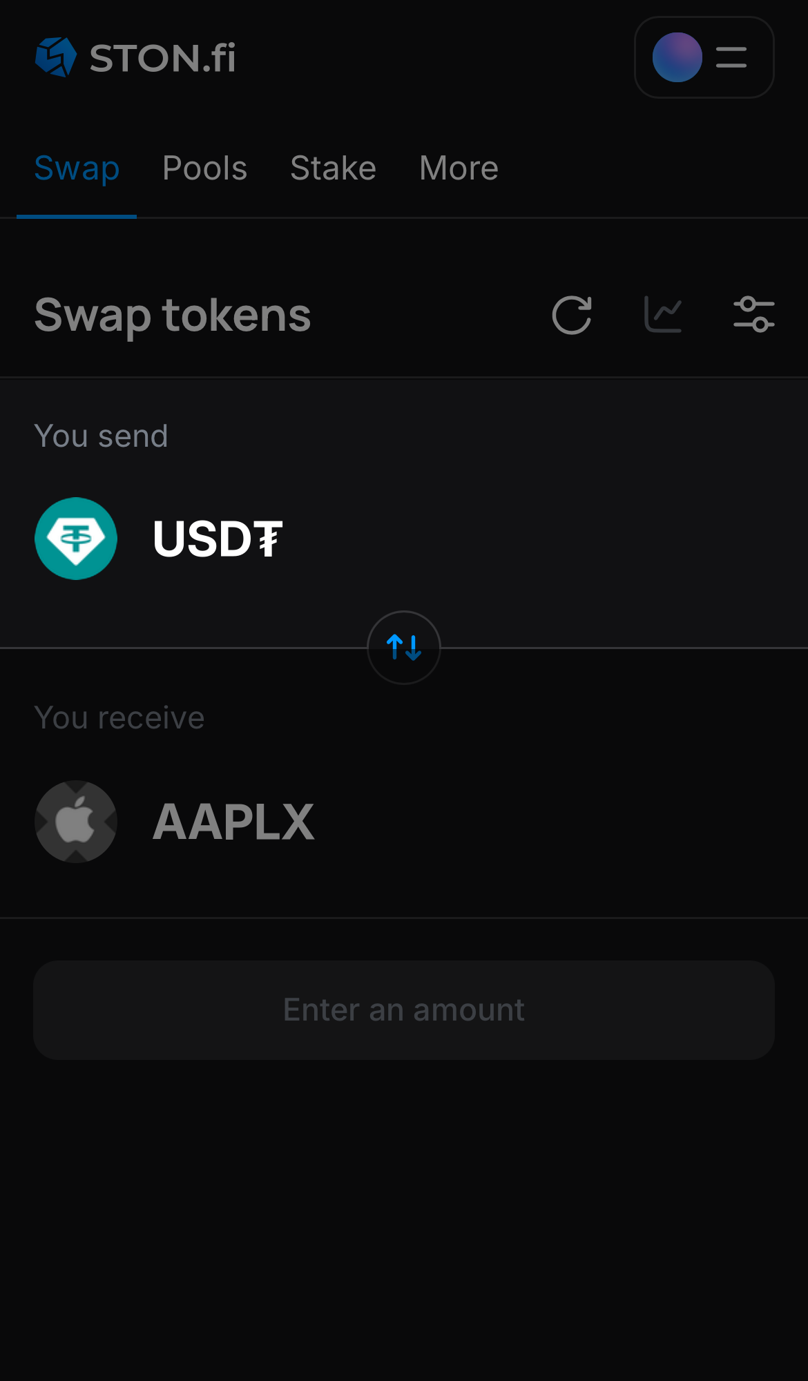 Выберите токен в поле «You send» — например, USD₮.