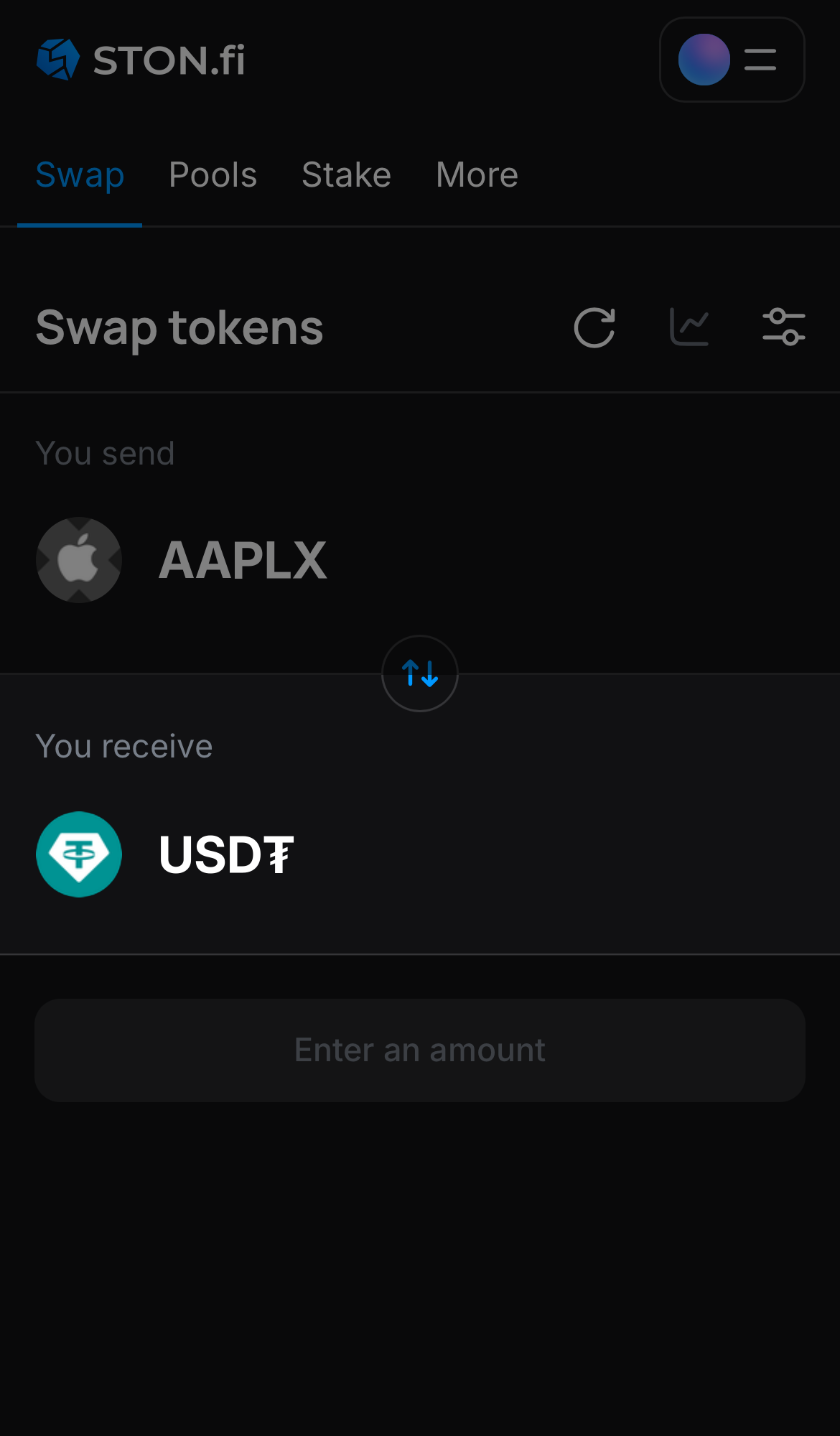 Выберите токен в поле «You receive» — например, USD₮.