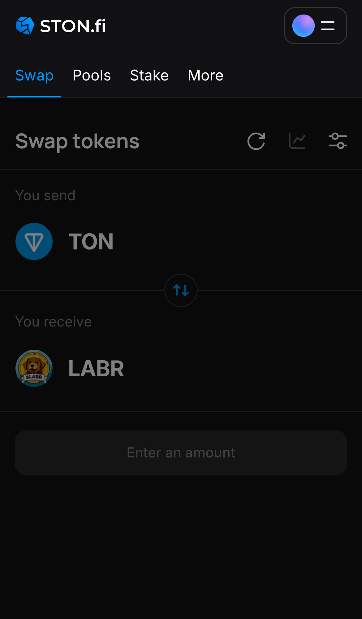 Open the STON.fi app and navigate to the ‘Swap‘ tab.