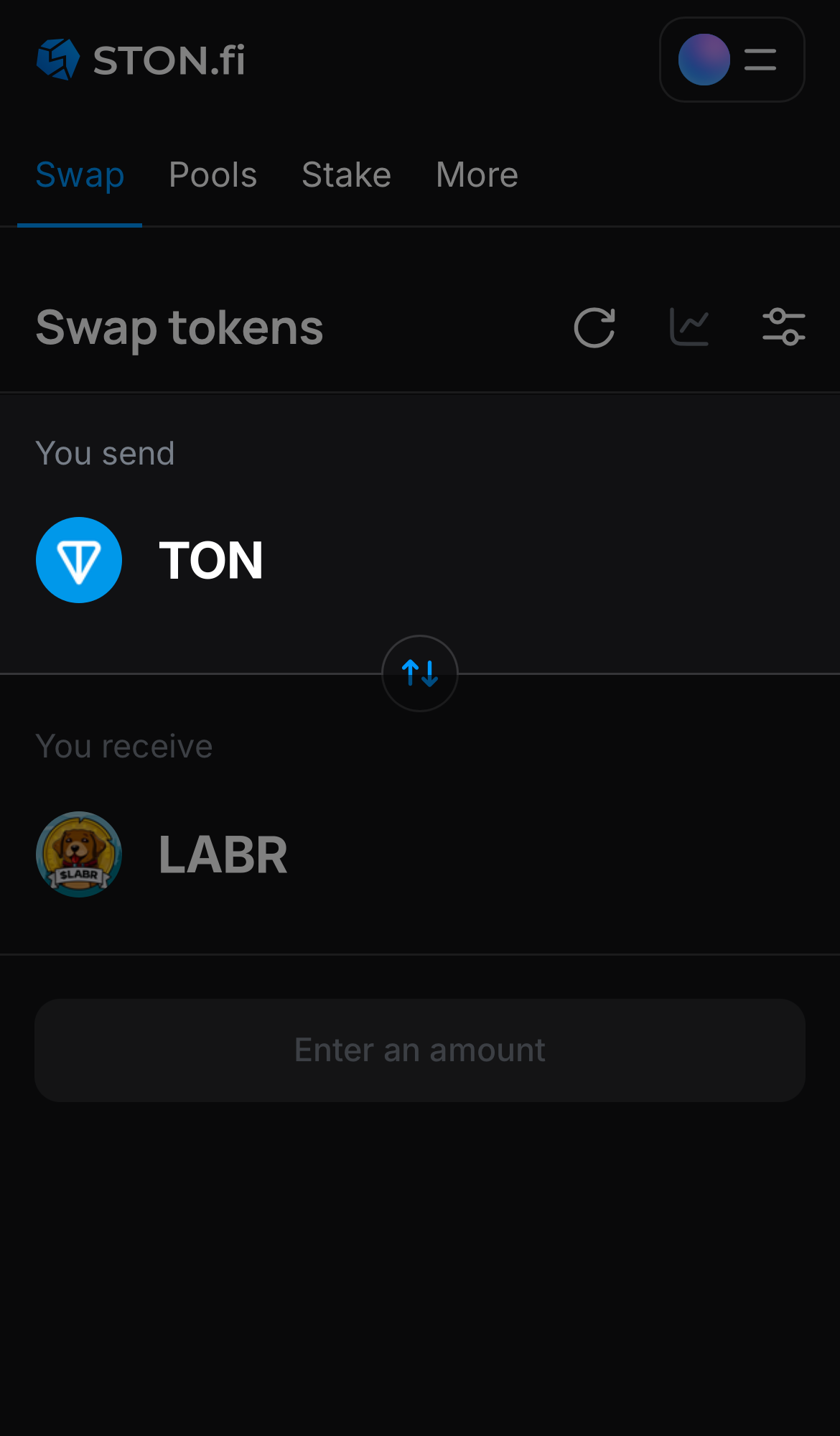 Choose a token in the ‘You send’ box — for example, TON.