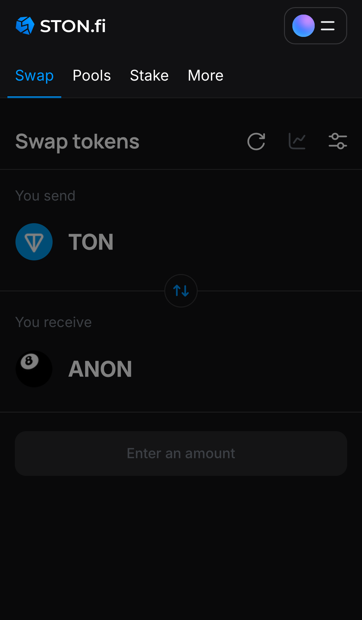 افتح تطبيق STON.fi واذهب إلى تبويب "Swap".