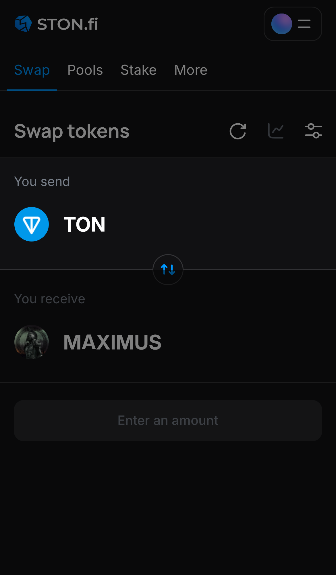 Elige un token en la casilla ‘You send’ — por ejemplo, TON.