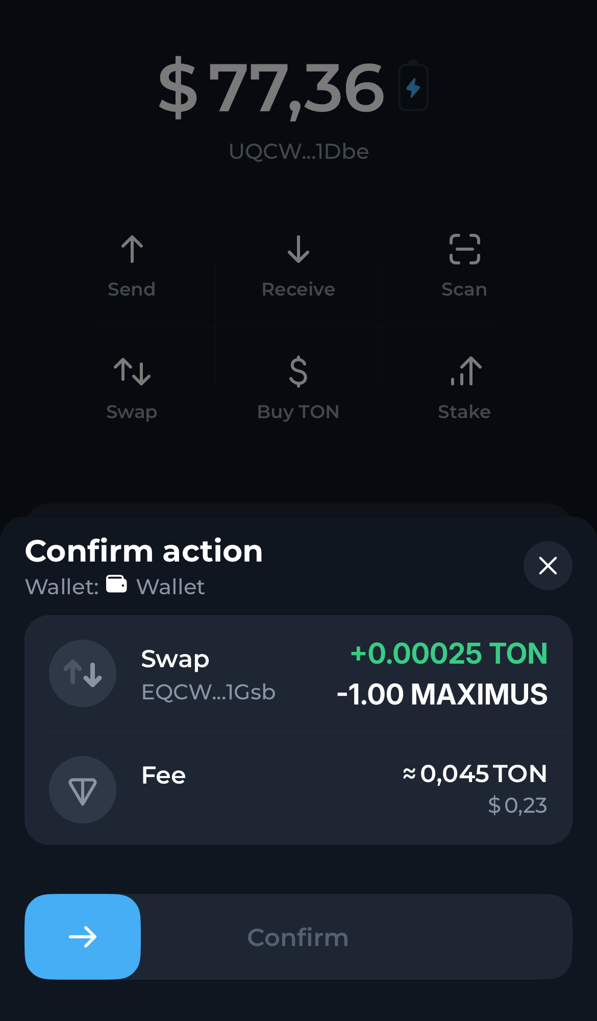 Confirma el swap en la notificación emergente en tu wallet. En pocos segundos, los tokens TON que adquiriste aparecerán en tu wallet, visibles en la página principal de activos.