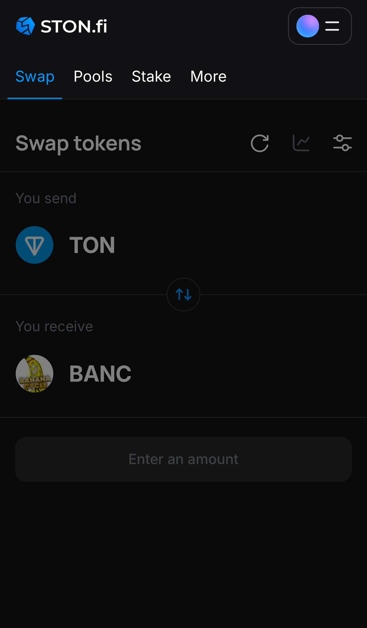 Open the STON.fi app and navigate to the ‘Swap‘ tab.