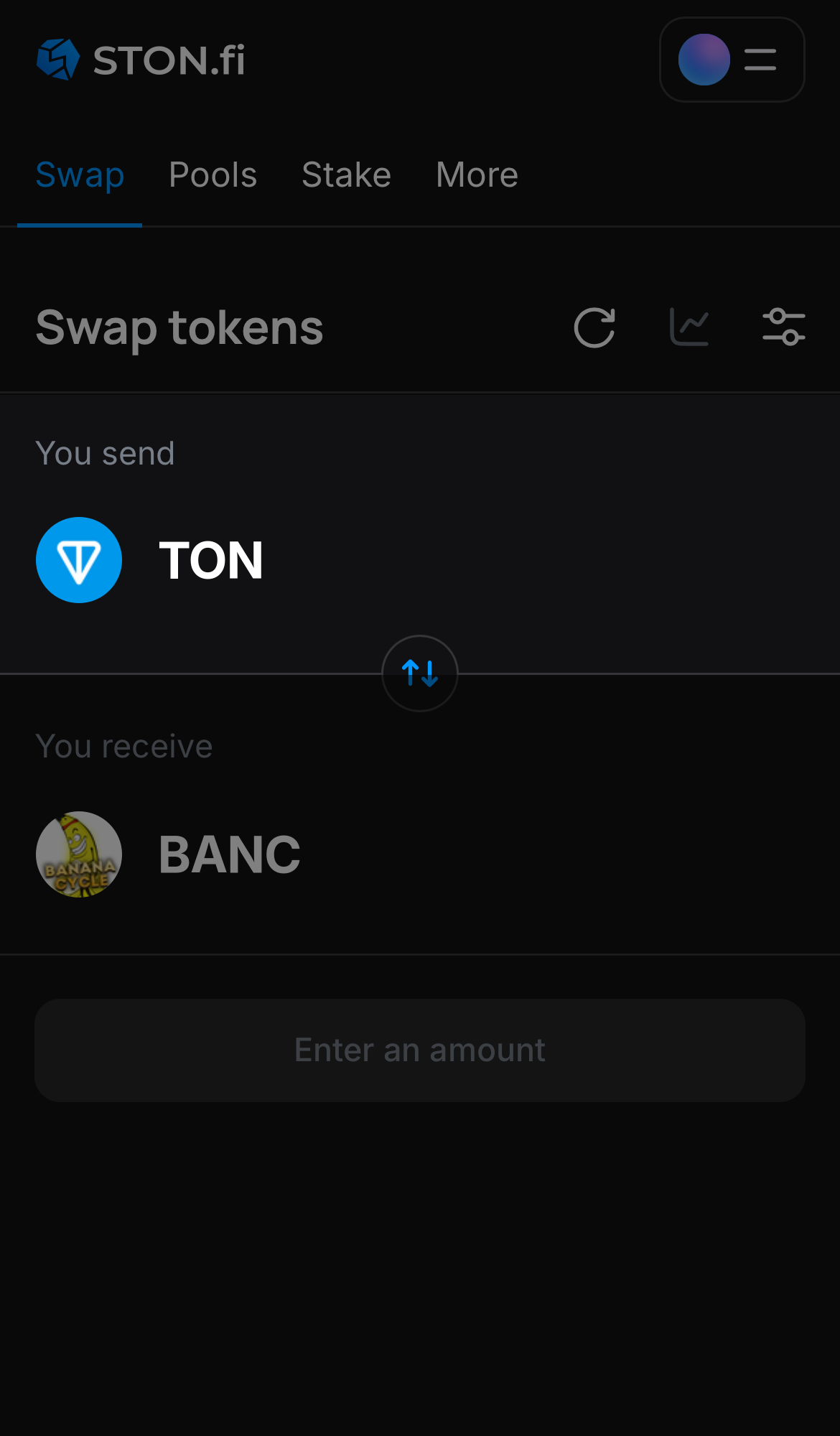 Choose a token in the ‘You send’ box — for example, TON.